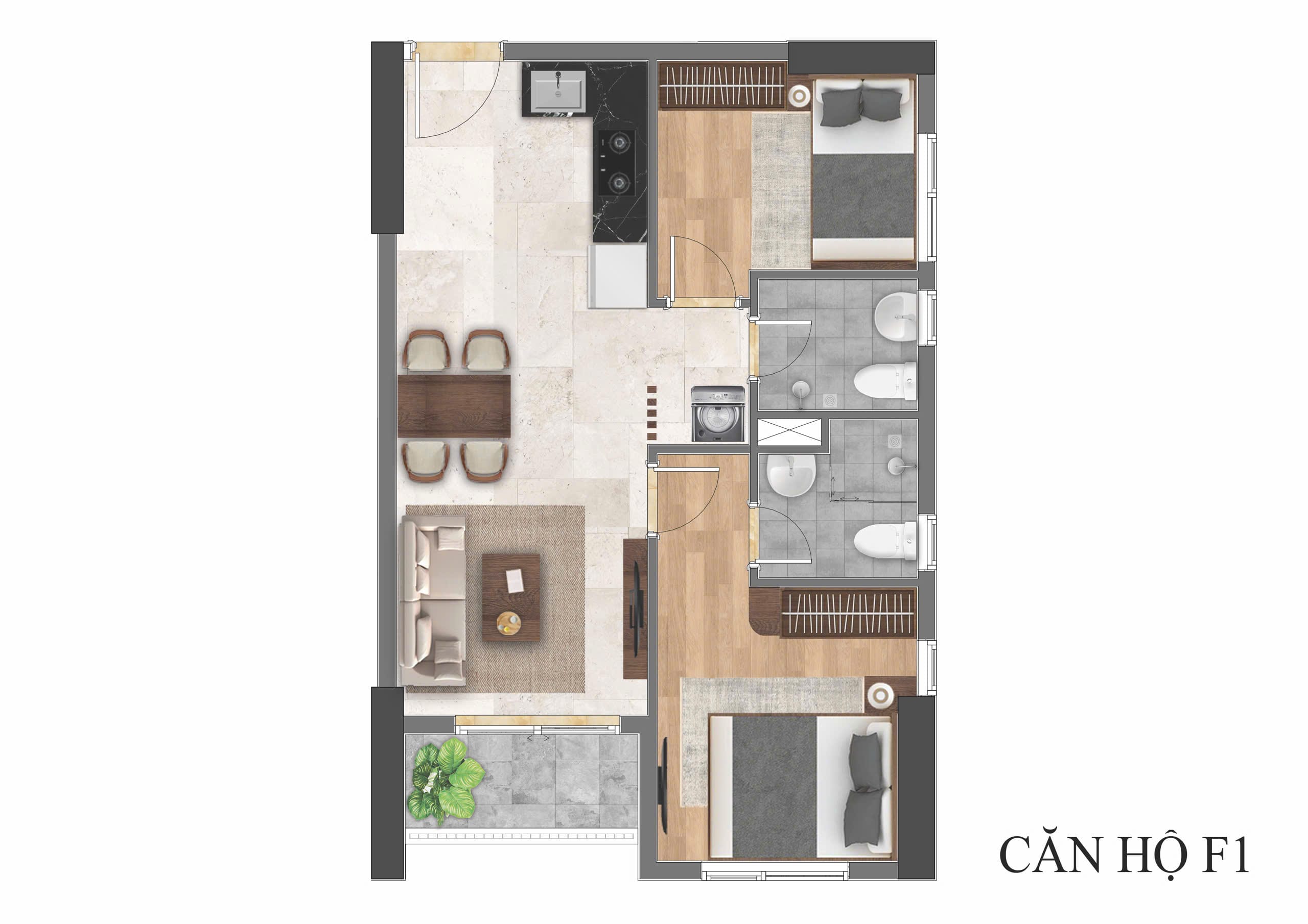 thiết kế căn hộ 46 m2 có 2pn 1 wc